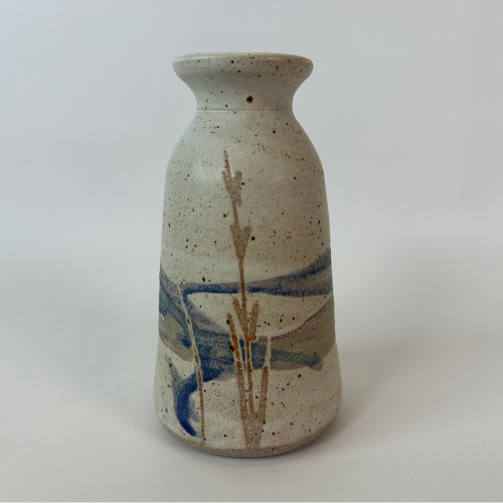 VTG Stoneware Bud Vase Floral Reed River Landscape Speckled Shino Glaze Decor